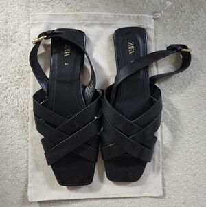 ZARA Black Crisscross Square-Toe Slingback Sandals